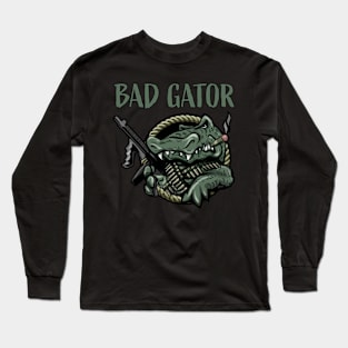 Funny Bad Gator with Rifle and Cigar Alligator Cartoon Long Sleeve T-Shirt